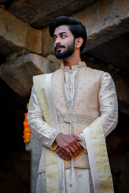 Men’s cream embroidered sherwani with zari detailing and stole for traditional wedding and festive ethnic wear