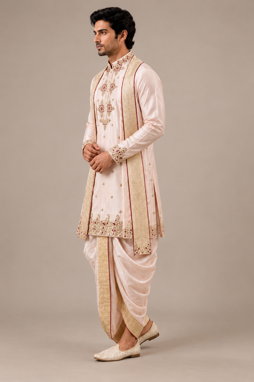 Blush Pink Embroidered Kurta Dhoti  (Royal Heritage)
