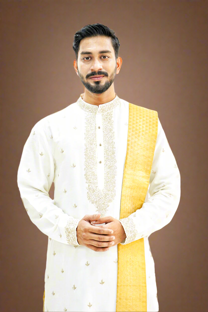 A man wearing a light cream silk kurta with Zari embroidery, paired with a matching dhoti and stole.