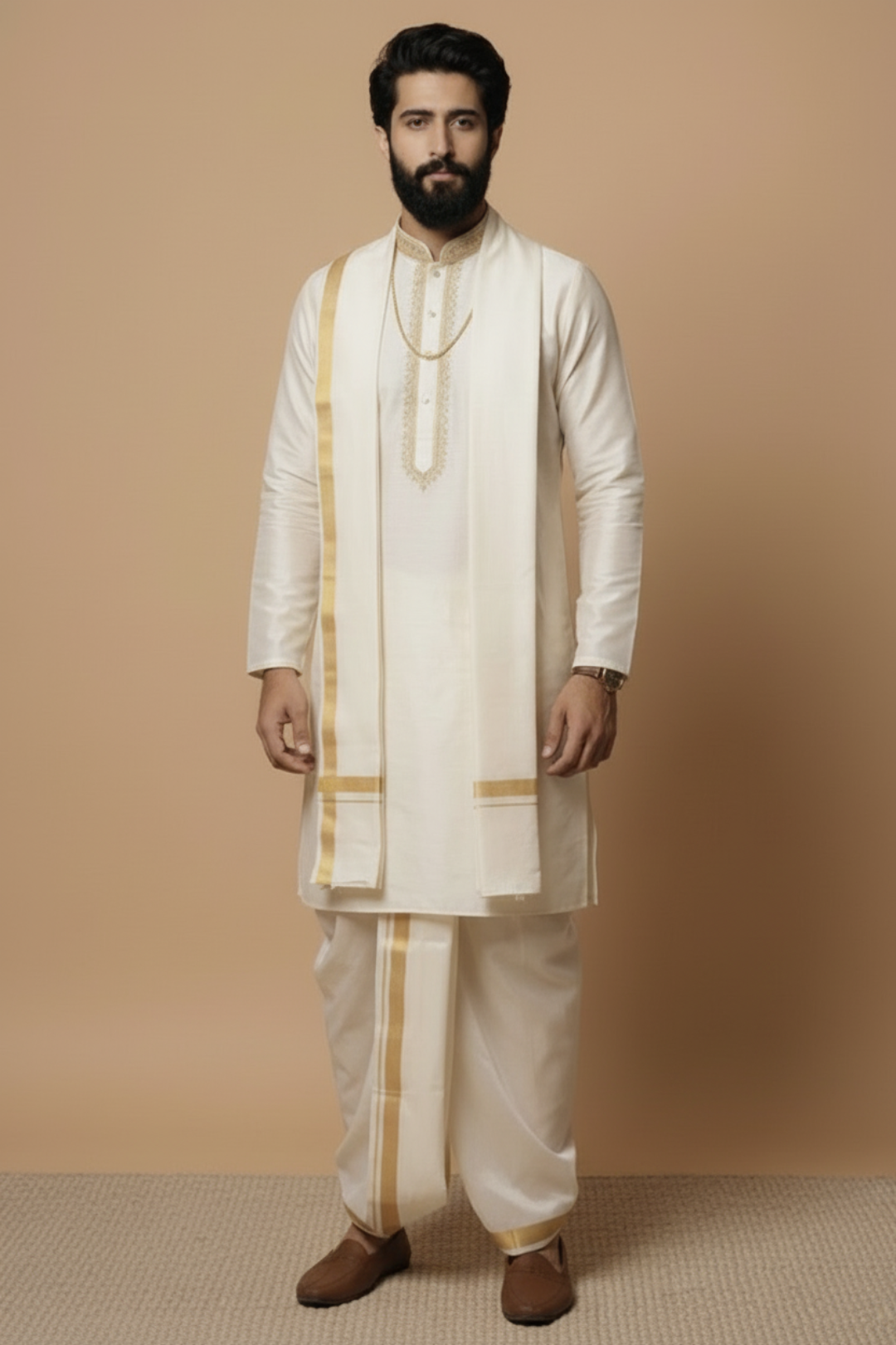 Traditional Cream Kurta Dhoti Set for Men – South Indian Festive Ethnic Wear