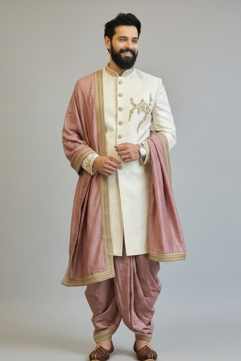 Off white brocade sherwani with chest work
