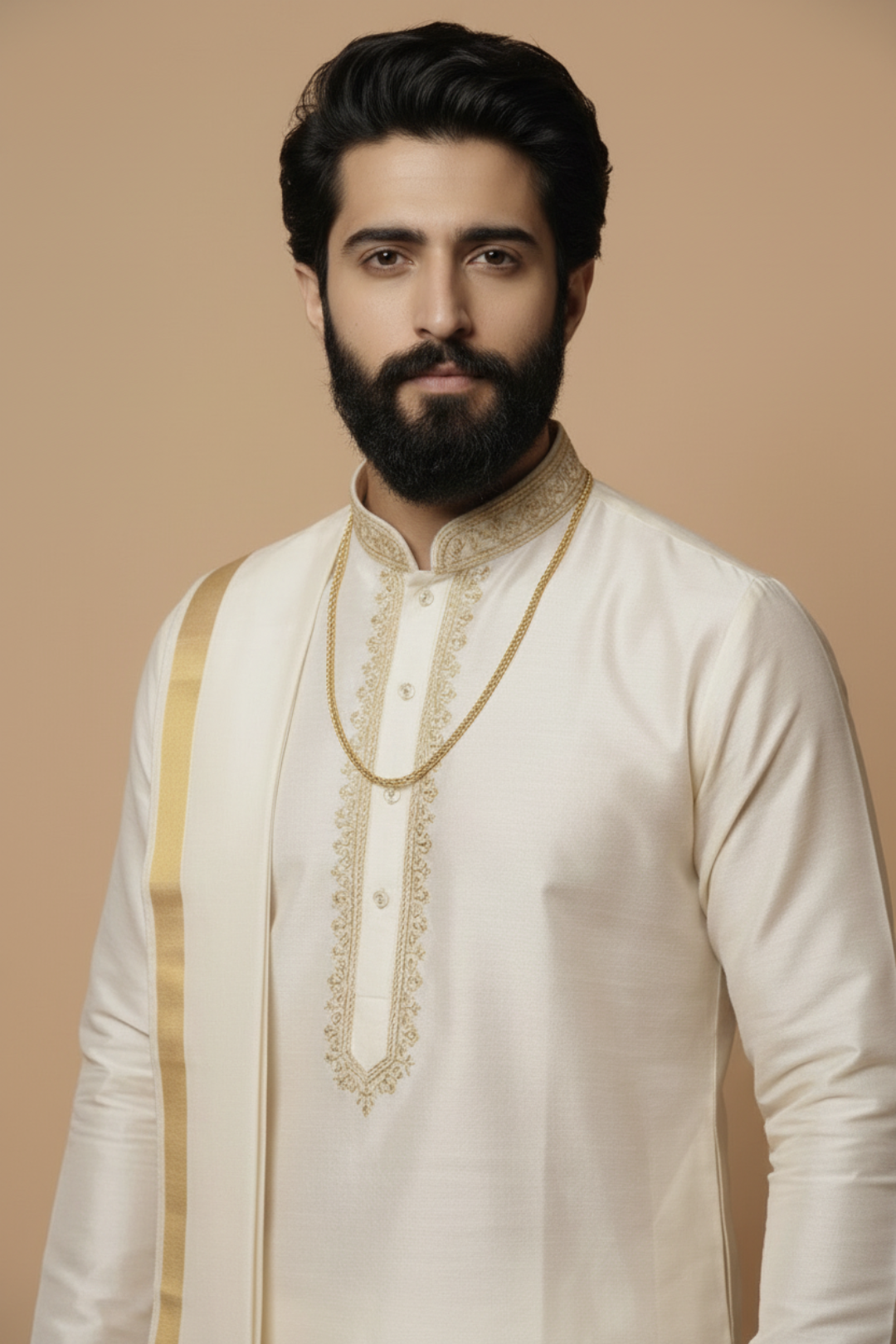 Man wearing a cream kurta with gold embroidery and stripes against a beige background