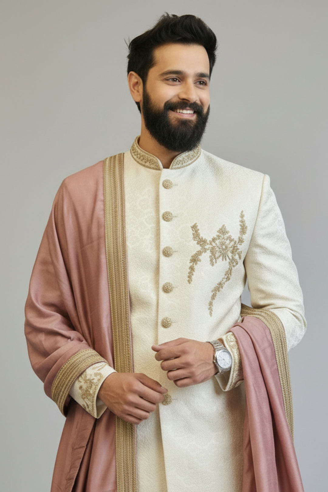 Off white brocade sherwani with chest work