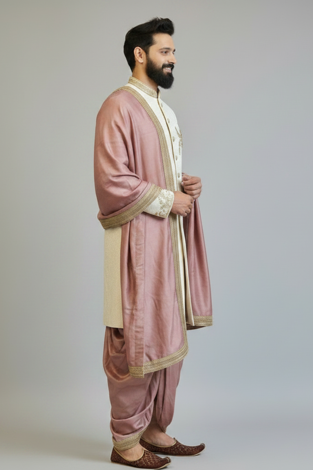 Off white brocade sherwani with chest work