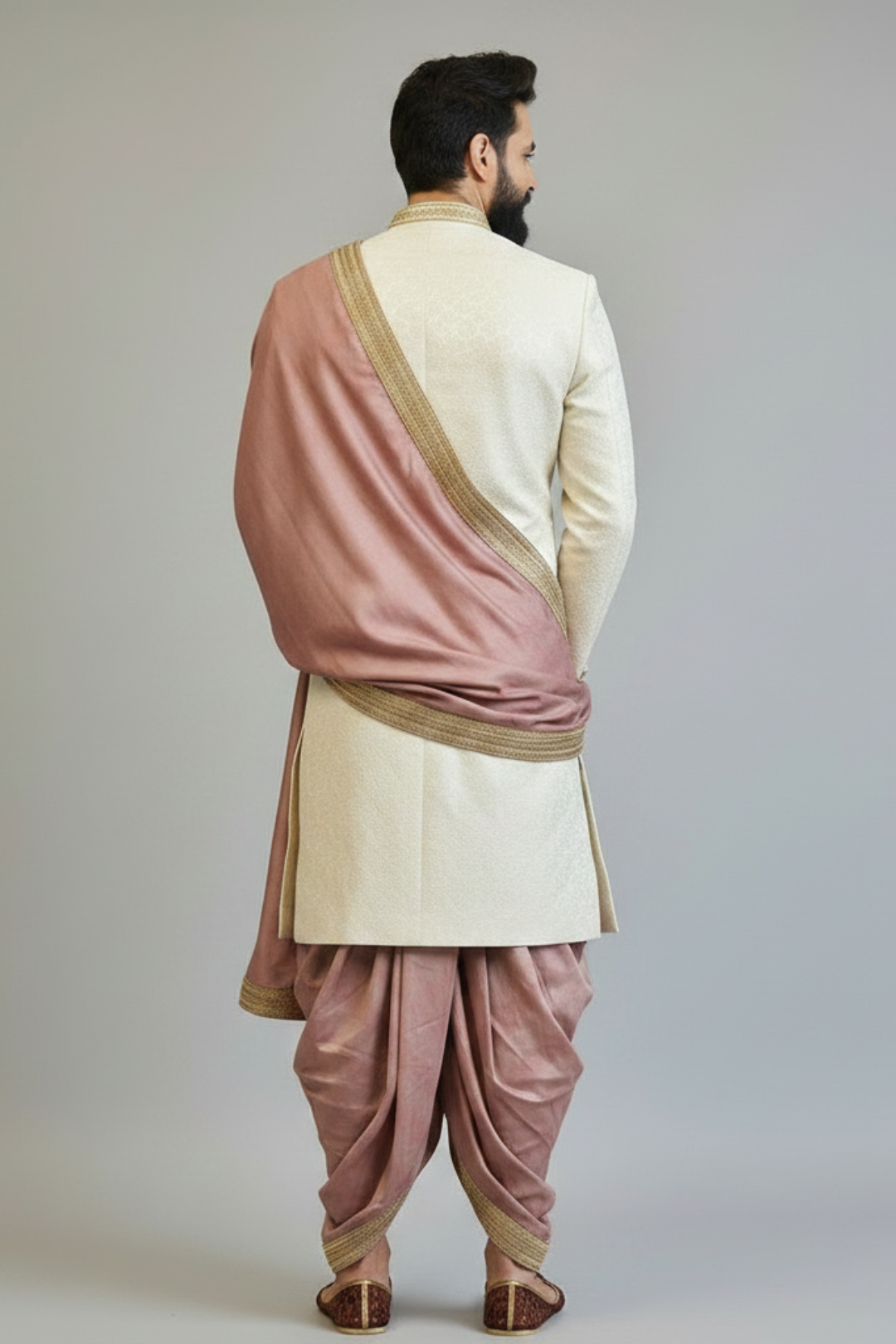 Off white brocade sherwani with chest work
