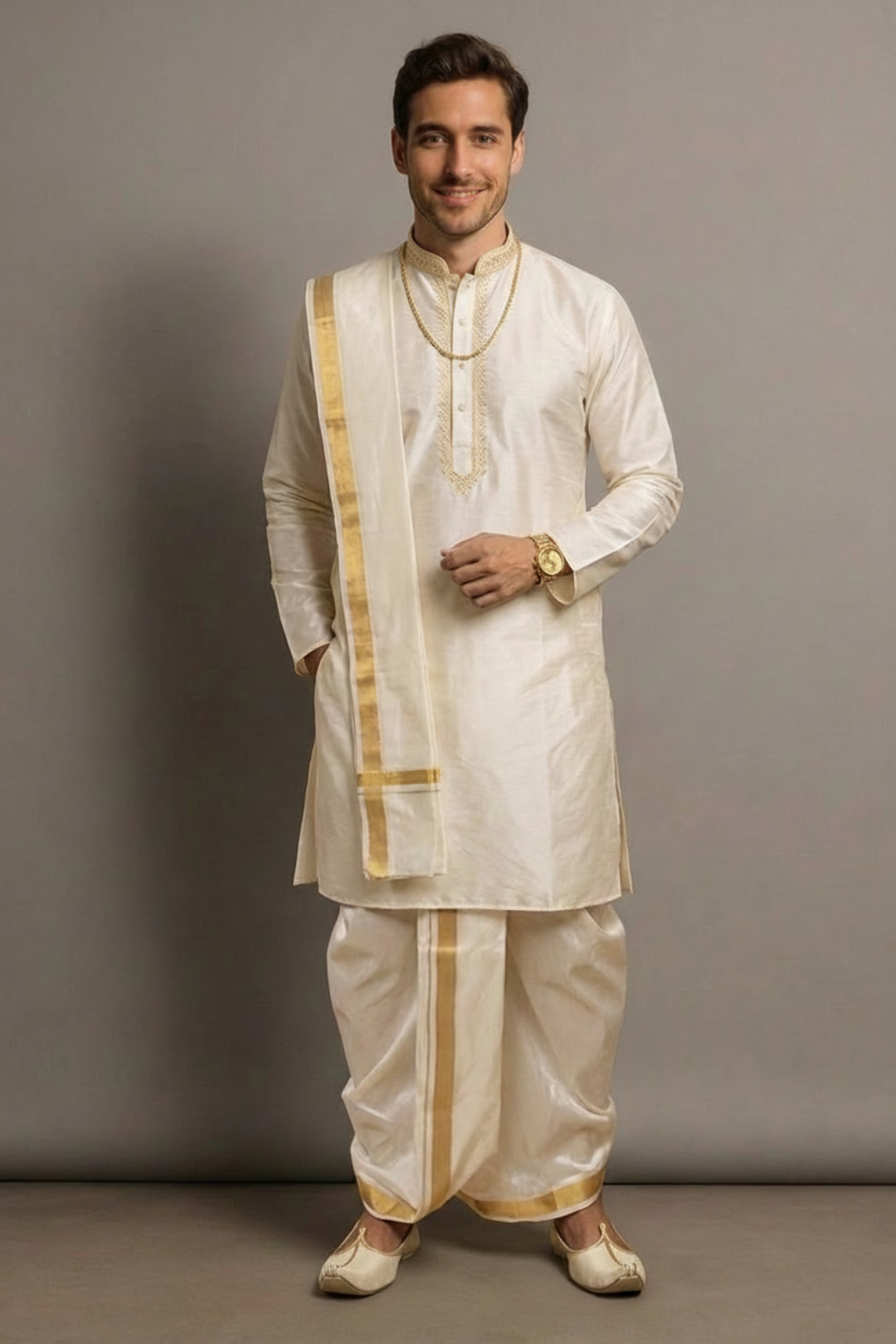 Man wearing a traditional white kurta with gold accents against a gray background