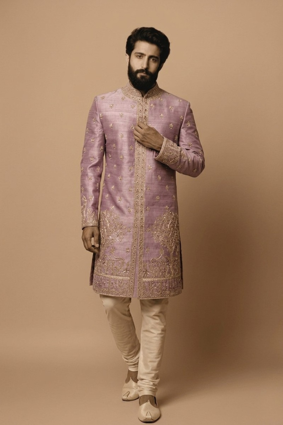 Onion pink designer embroidered sherwani