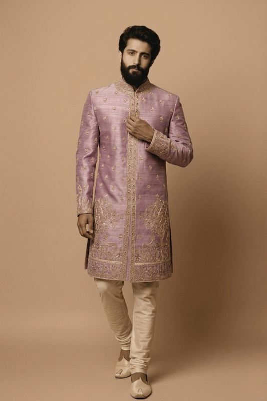 Onion pink designer embroidered sherwani