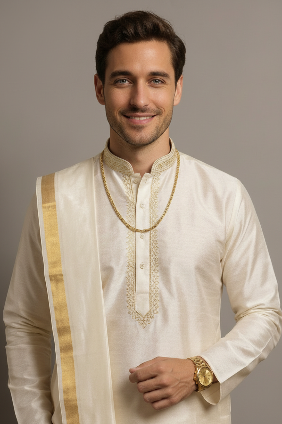 Man wearing a traditional cream kurta with gold embroidery and border against a gray background