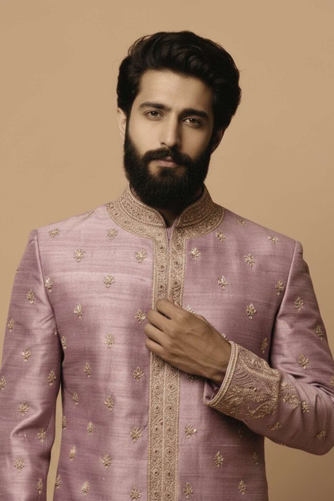 Onion pink designer embroidered sherwani