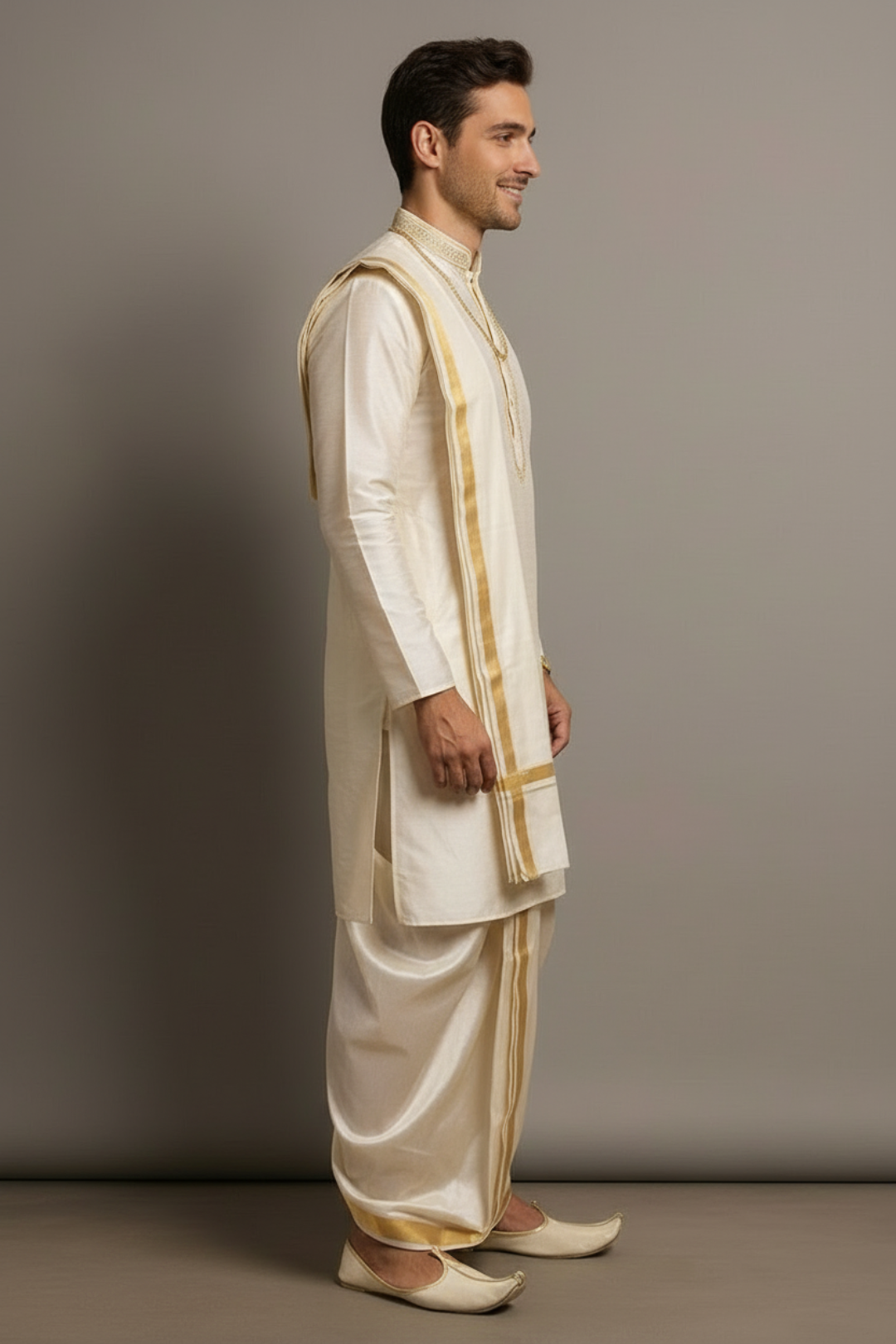 Man wearing a traditional cream-colored kurta with a matching dhoti against a plain background