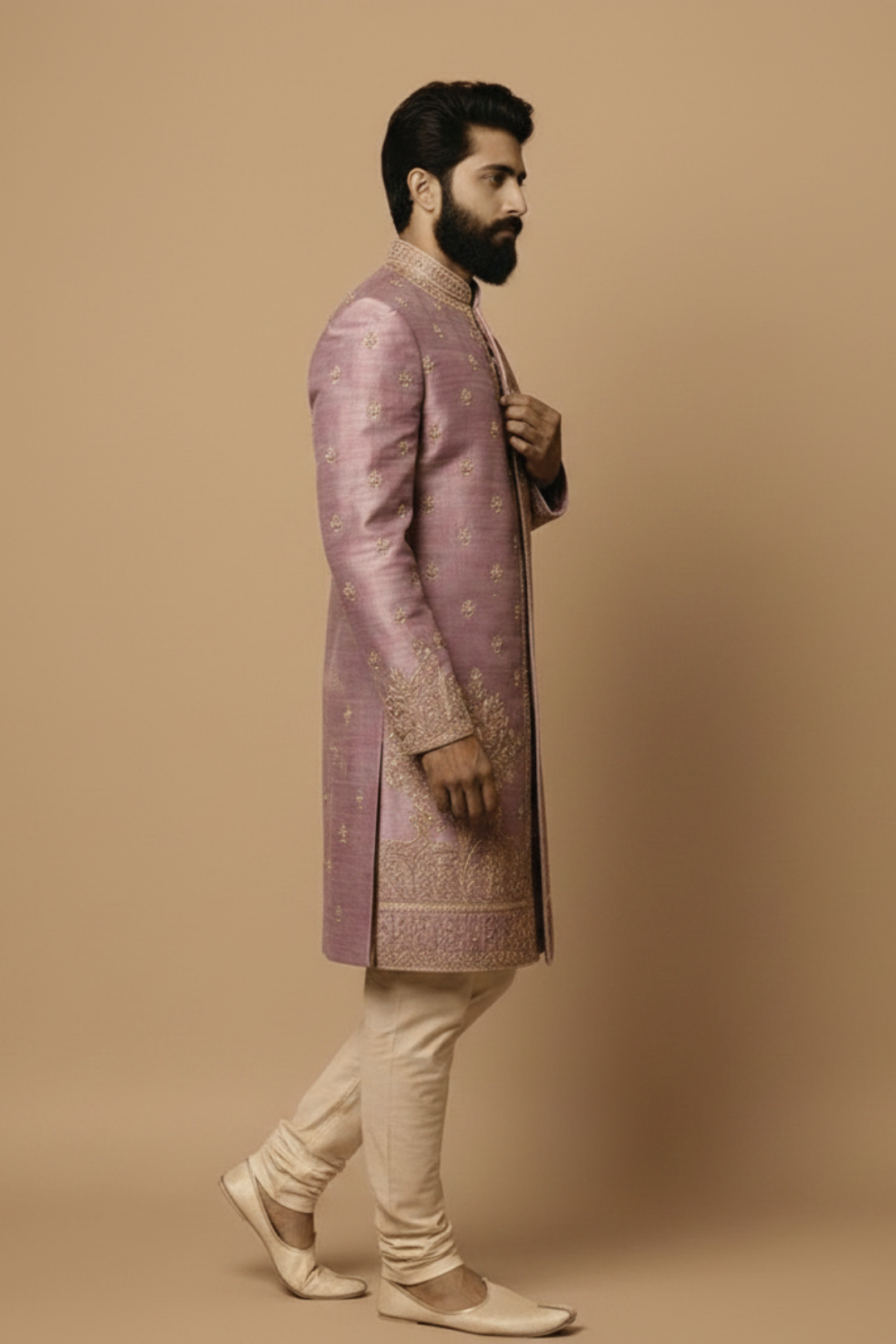 Onion pink designer embroidered sherwani