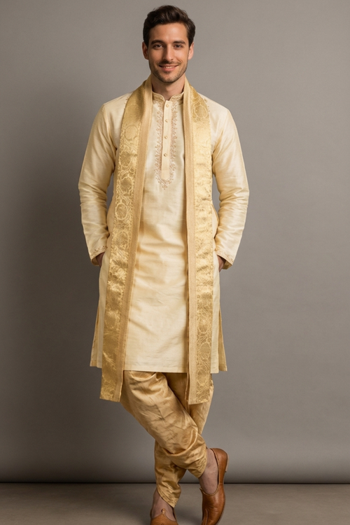 Man wearing a traditional beige kurta with embroidery on a plain background