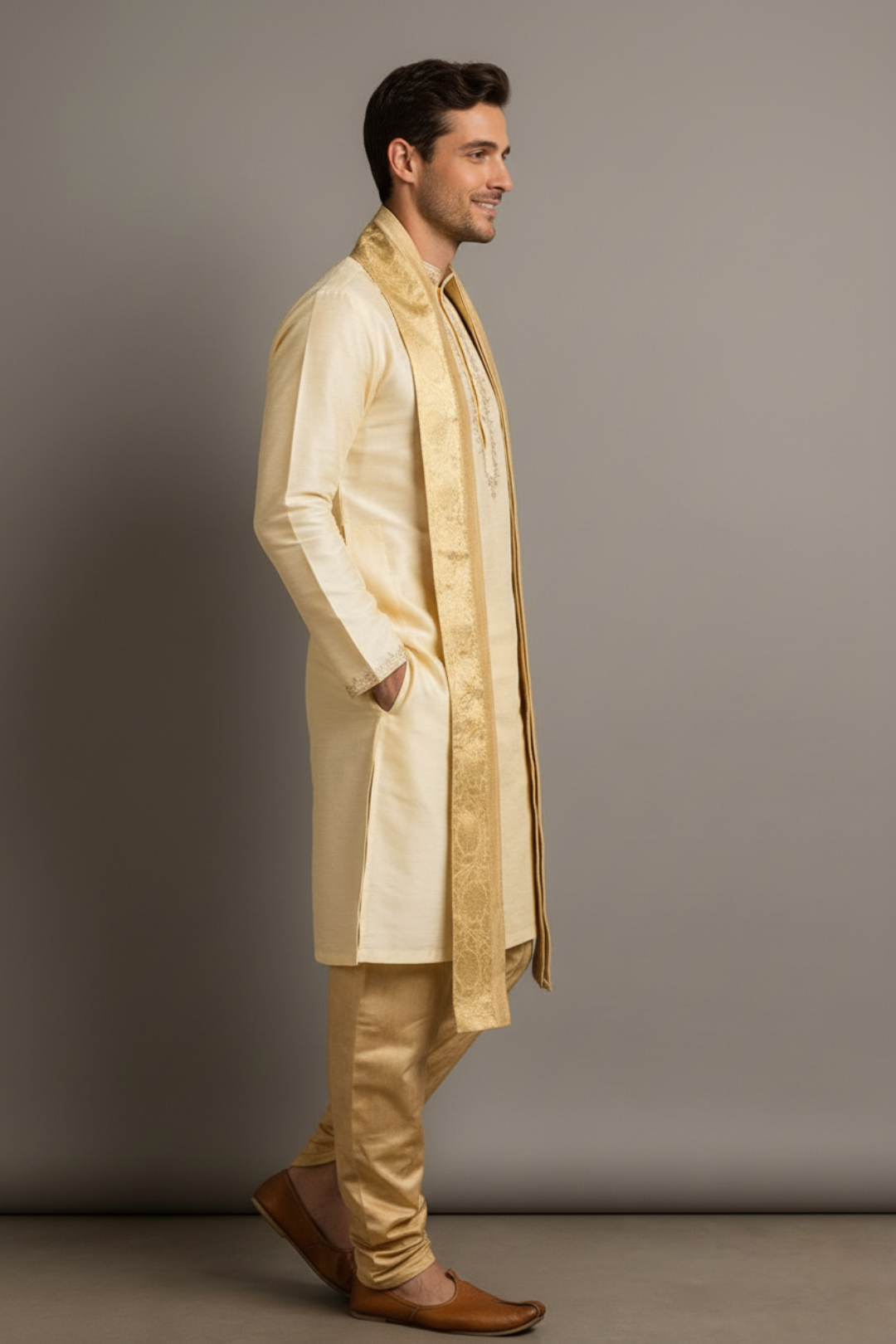 Man wearing a traditional cream kurta with a matching shawl against a plain background