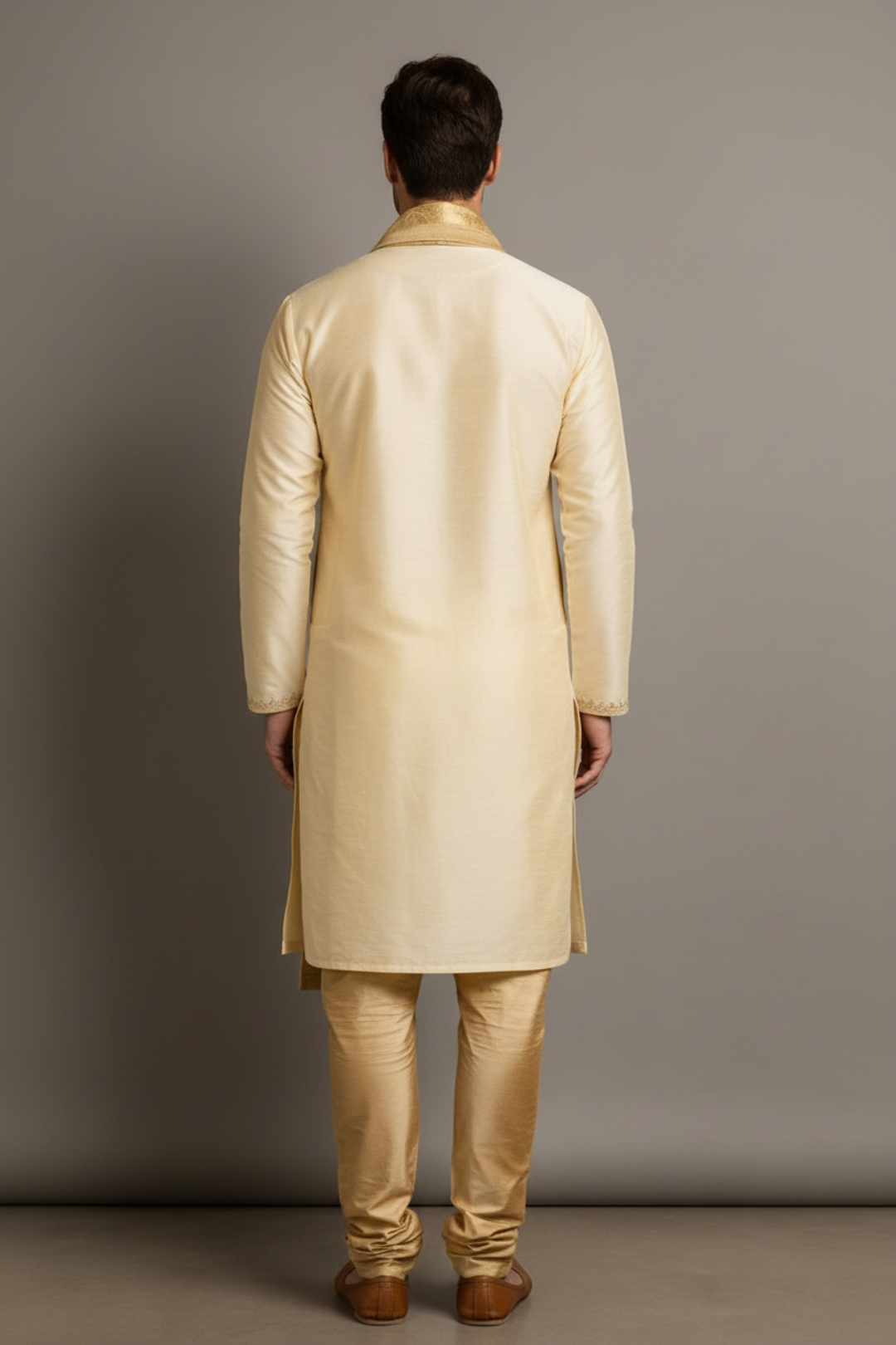 Man wearing a beige traditional outfit against a gray background