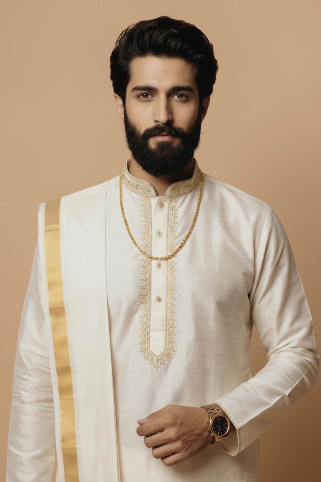 Man wearing a traditional white kurta with gold accents on a beige background