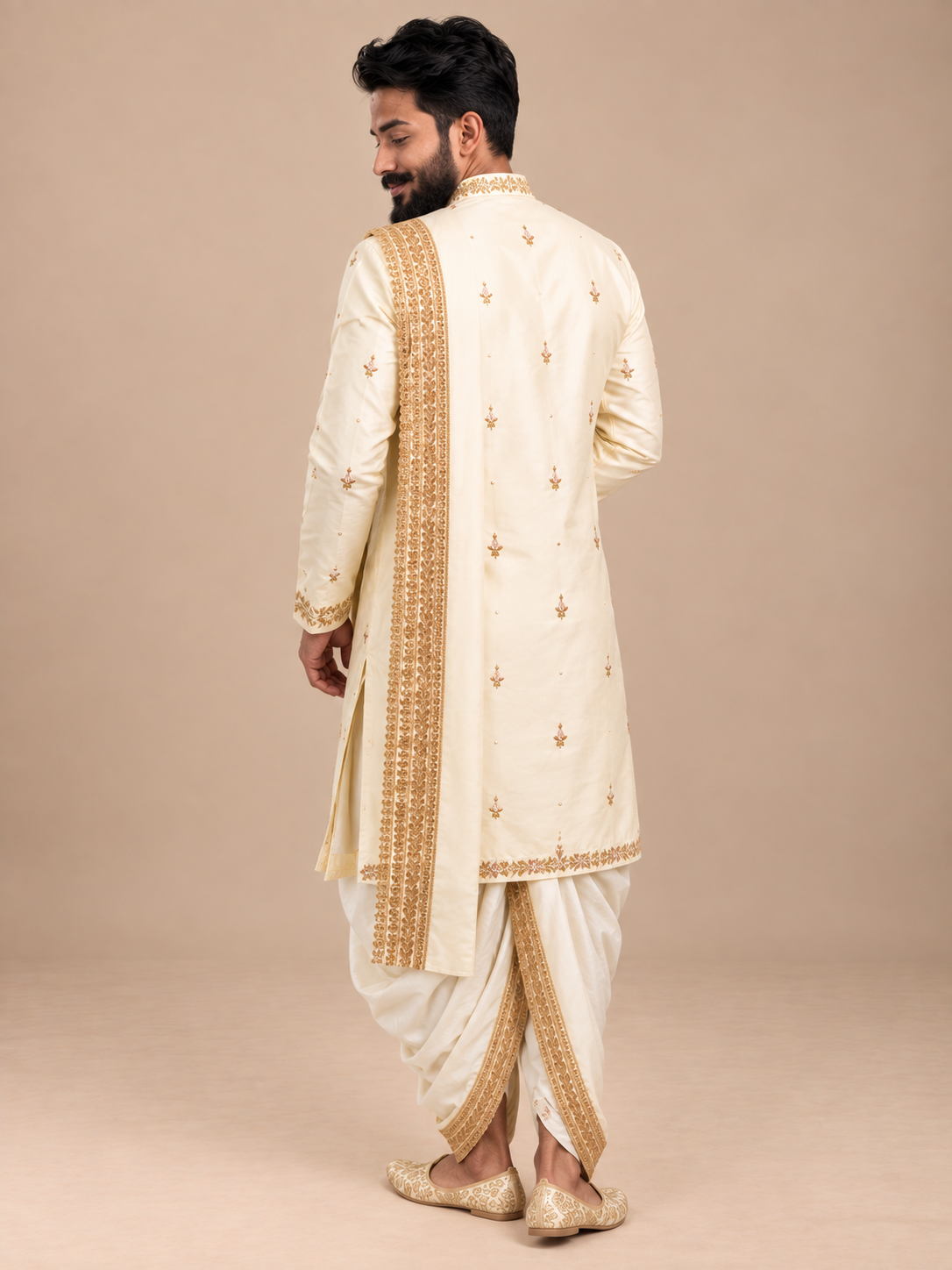 Royal Cream Embroidered Kurta Set with Dhoti & Designer Stole