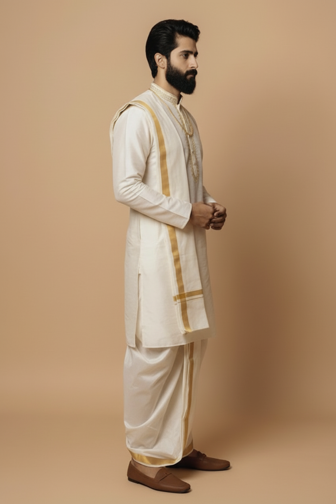 Man wearing a traditional white and gold kurta with dhoti on a beige background