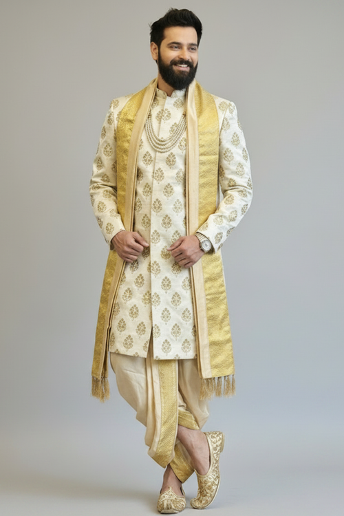 Mustard Yellow Sherwani with boota work