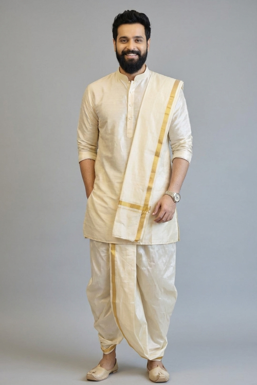 Man wearing a traditional cream kurta with a white dhoti and gold border against a gray background