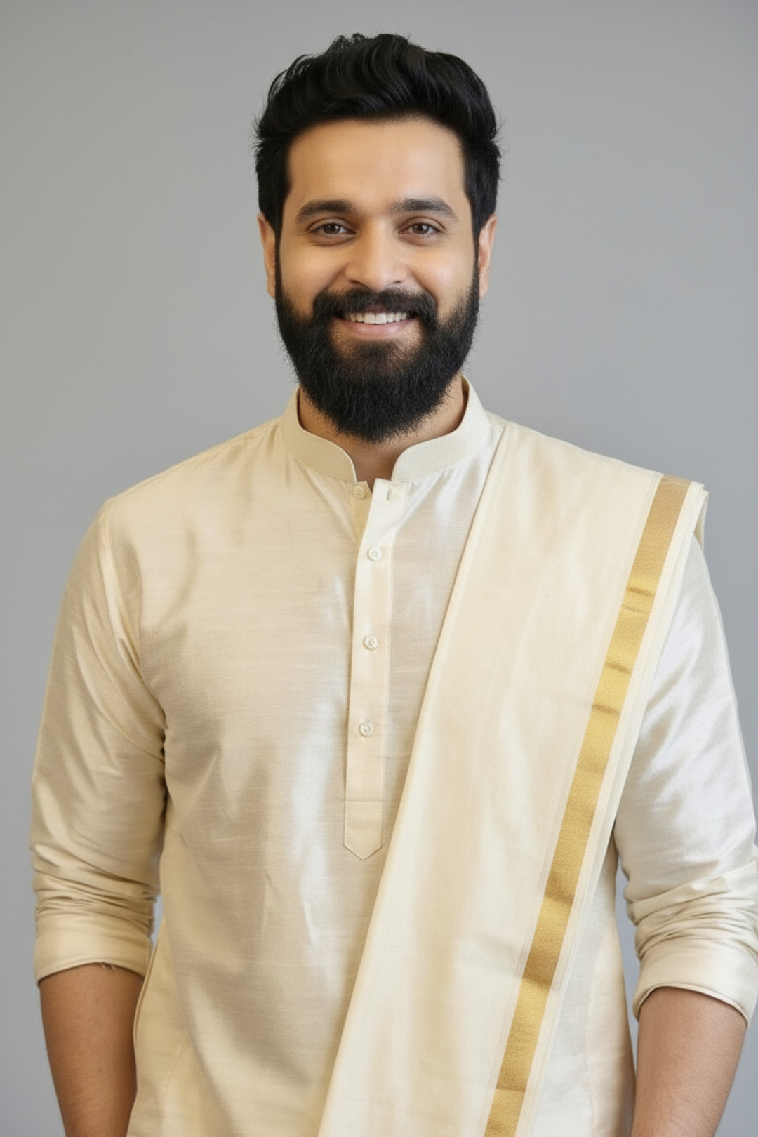 Man wearing a cream kurta with a beige shawl against a gray background