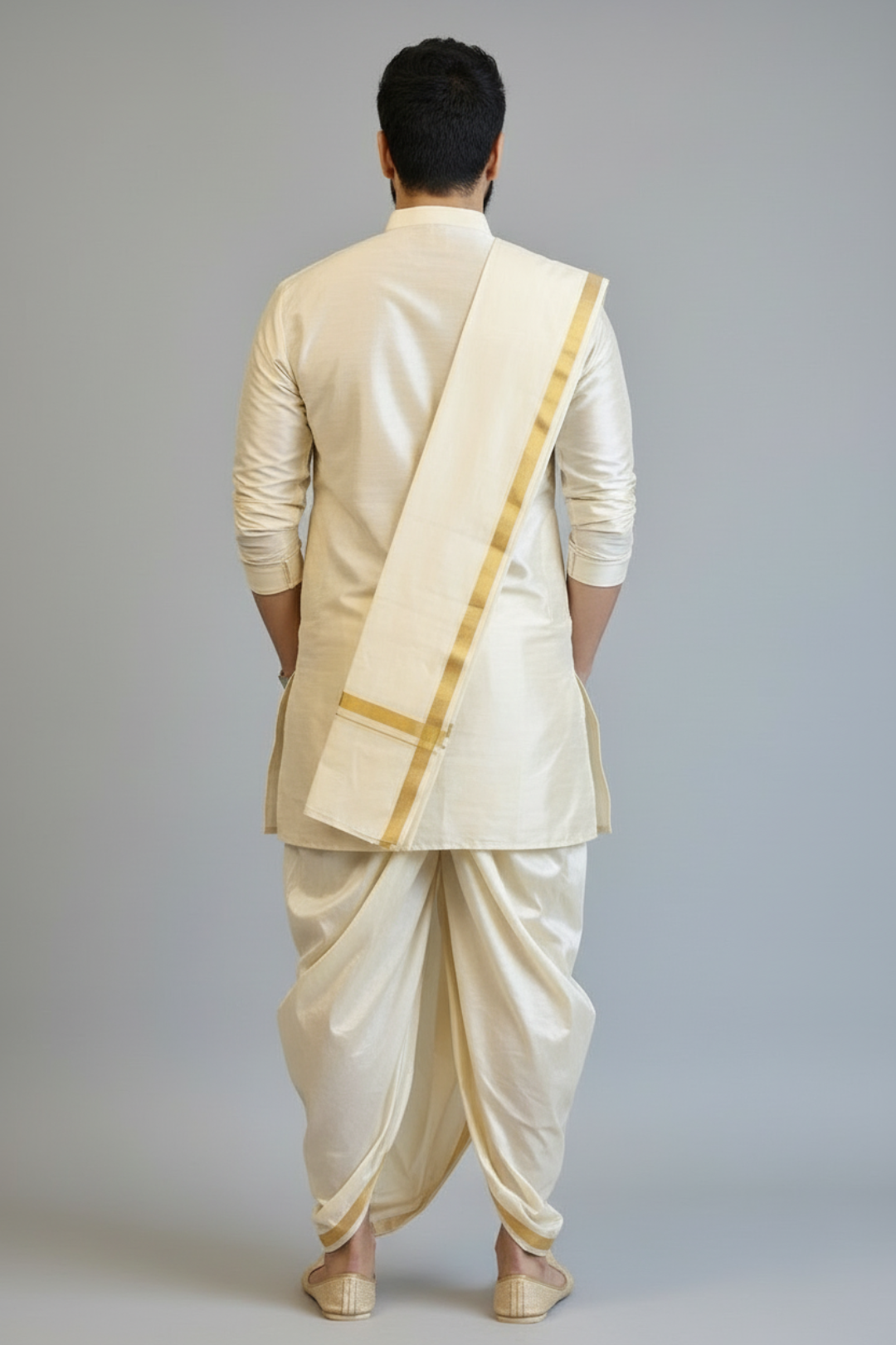 Man wearing a traditional cream-colored dhoti with a matching shawl on a gray background