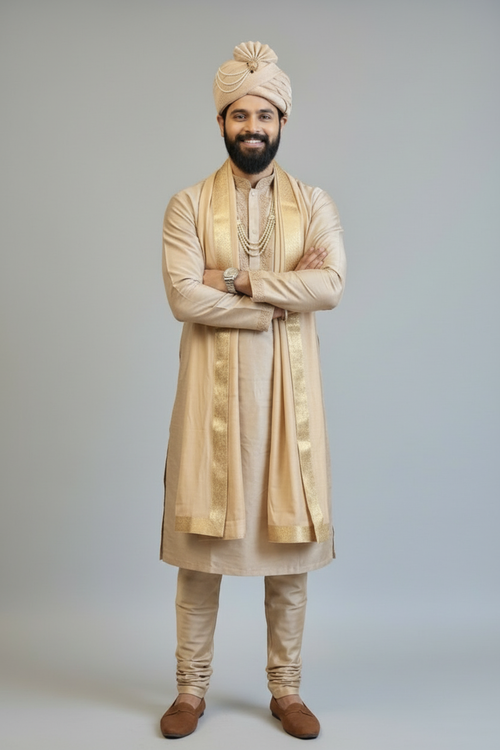 Man wearing a traditional beige kurta with a turban on a plain background