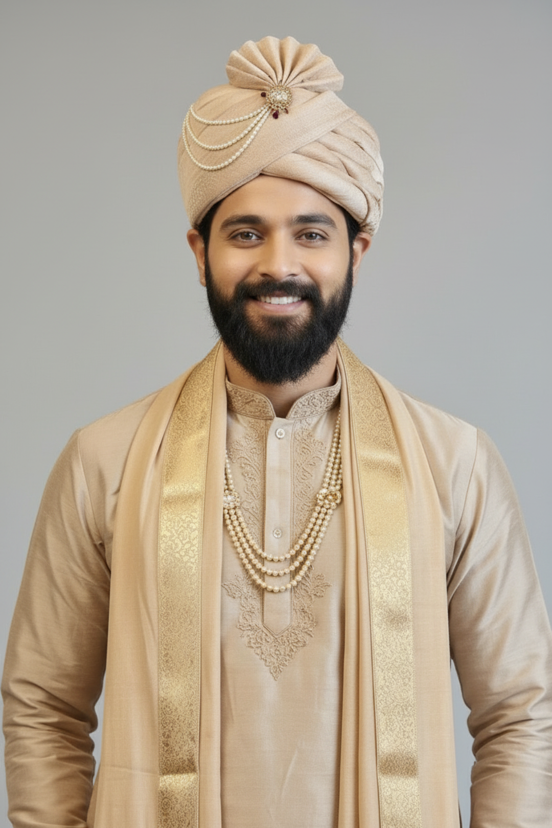 Man wearing a traditional beige outfit with a turban on a gray background