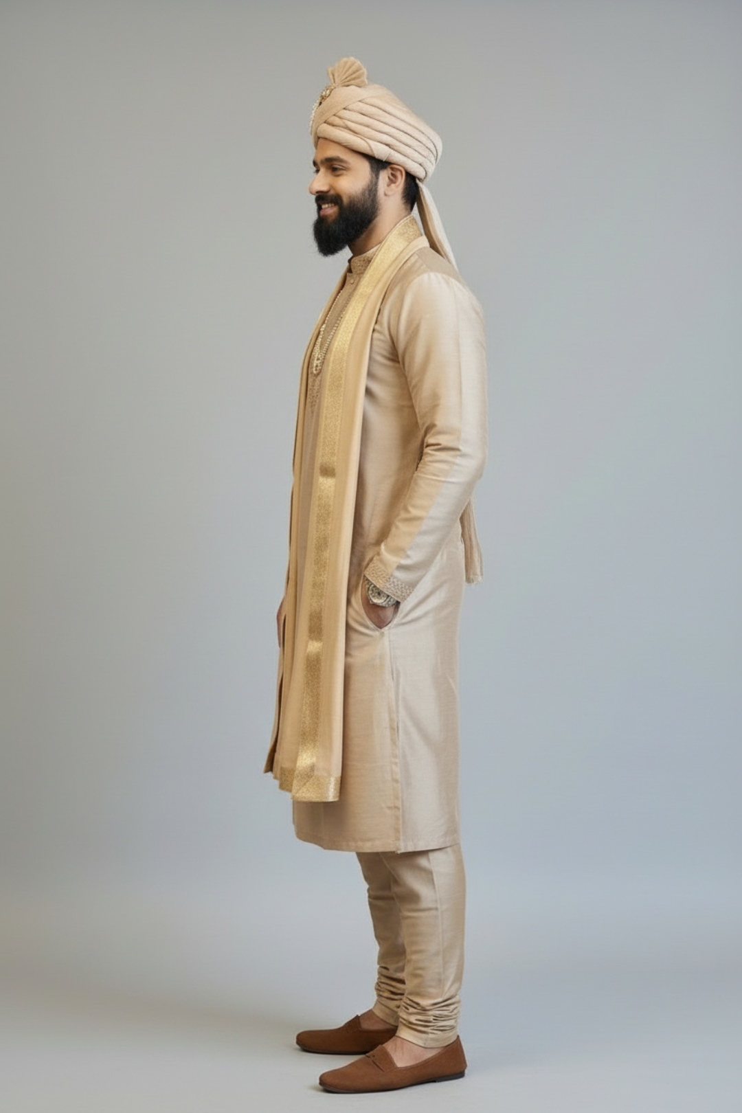 Man wearing a beige traditional outfit with a turban on a plain background