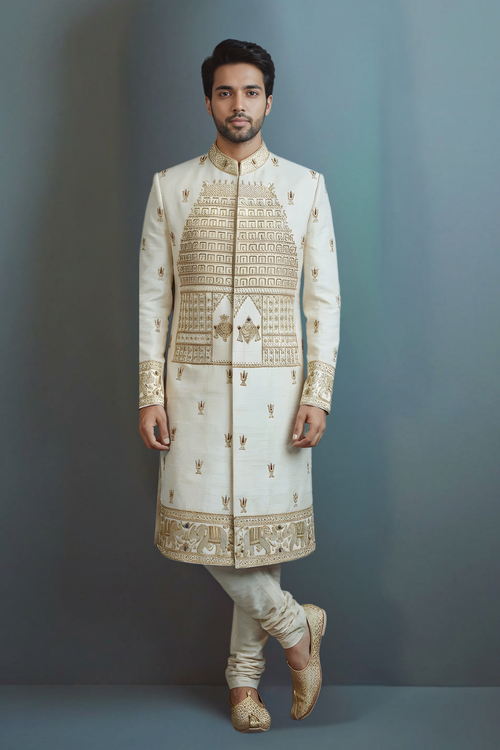 Ivory Embroidered Sherwani with Gopuram Design for Men – Luxury Wedding & Festive Designer Wear