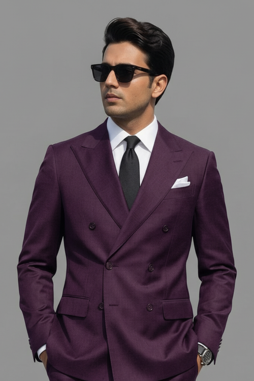 Man wearing a purple suit with sunglasses on a gray background