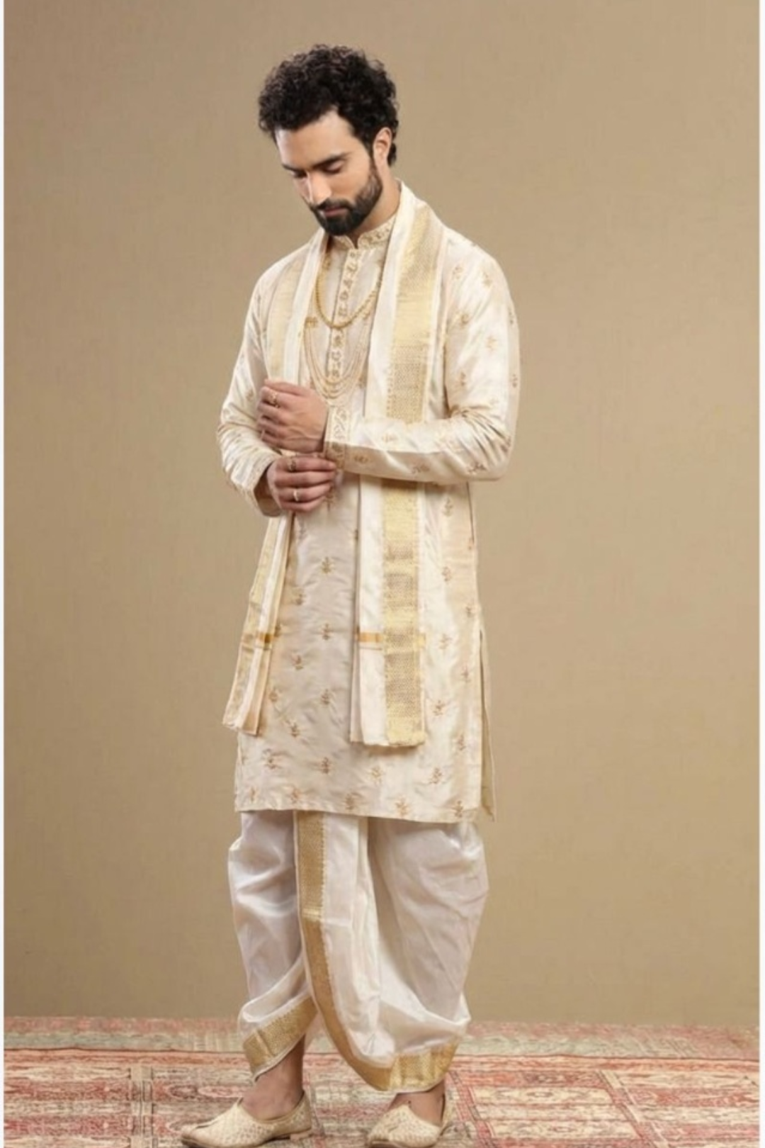 Men's Ivory Wedding Kurta with Gold Zari Border Dhoti and Stole