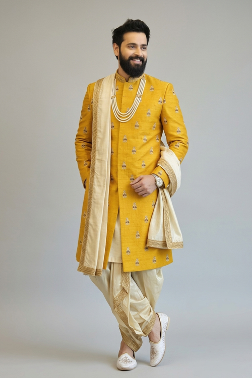 Mustard Yellow Sherwani with boota work