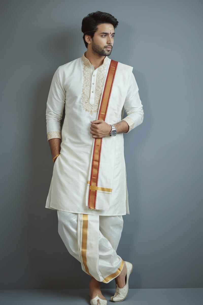 Traditional White Kurta Dhoti Set for Men with Red Border – Festive Ethnic Outfit
