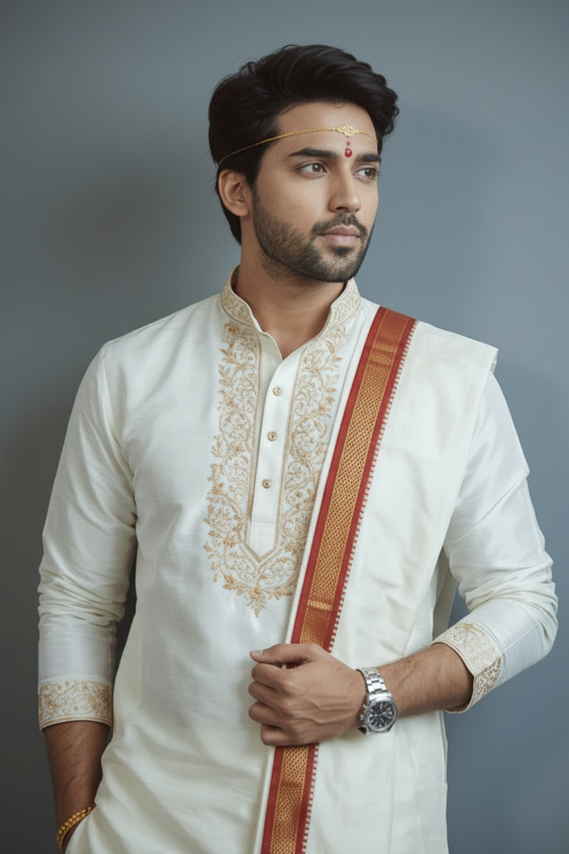 Traditional White Kurta Dhoti Set for Men with Red Border – Festive Ethnic Outfit