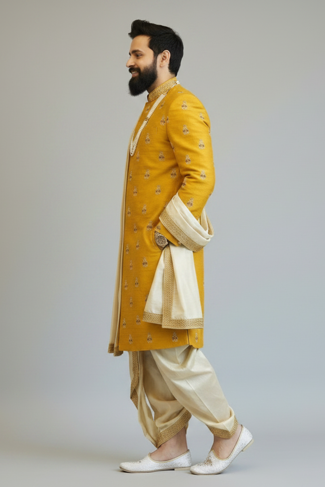 Mustard Yellow Sherwani with boota work