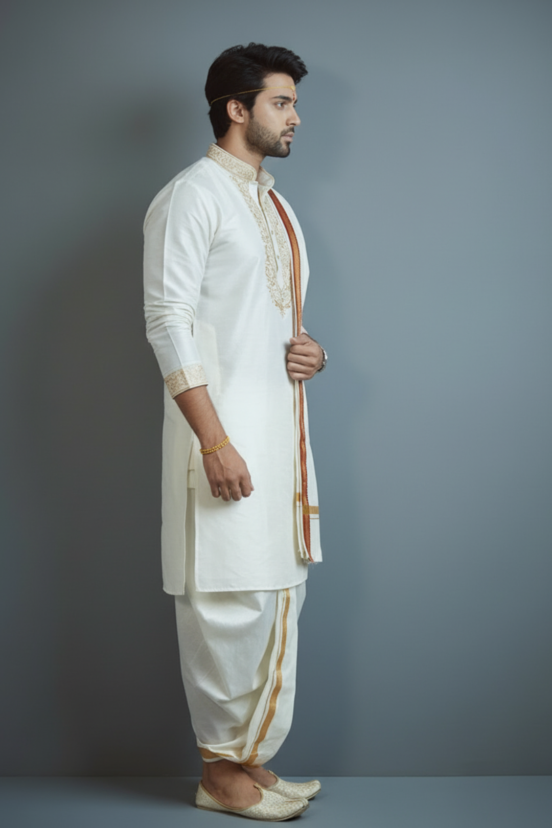 Man wearing a traditional white kurta with gold accents against a gray background