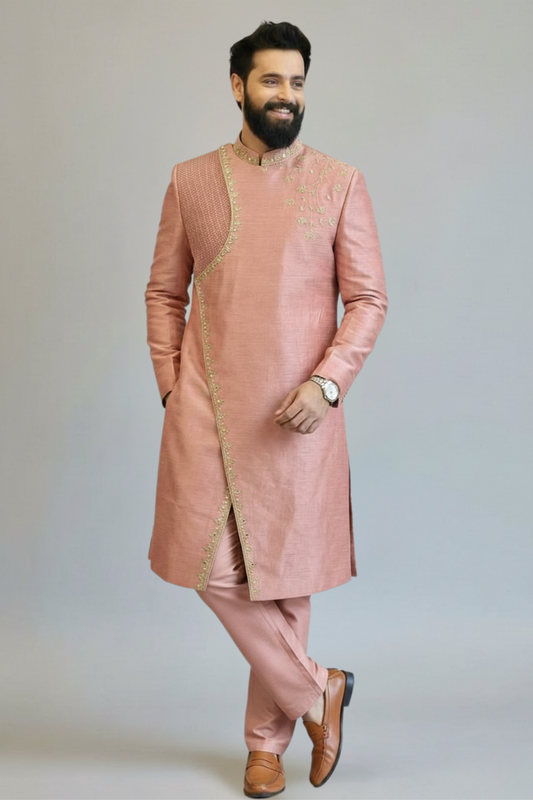 Peach Embroidered Asymmetric Sherwani for Men – Designer Wedding & Festive Wear
