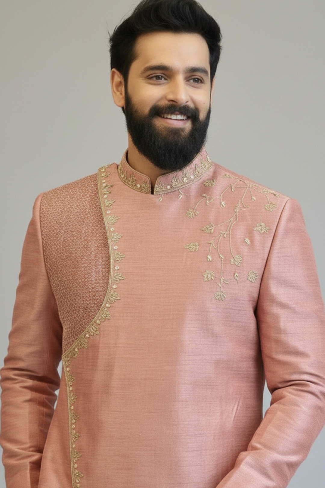 Peach Embroidered Asymmetric Sherwani for Men – Designer Wedding & Festive Wear