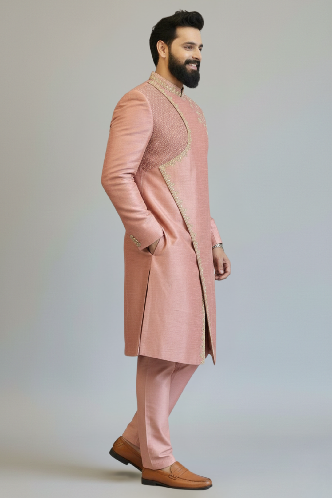 Peach Embroidered Asymmetric Sherwani for Men – Designer Wedding & Festive Wear
