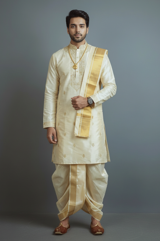 Man wearing a traditional cream kurta with gold accents against a gray background