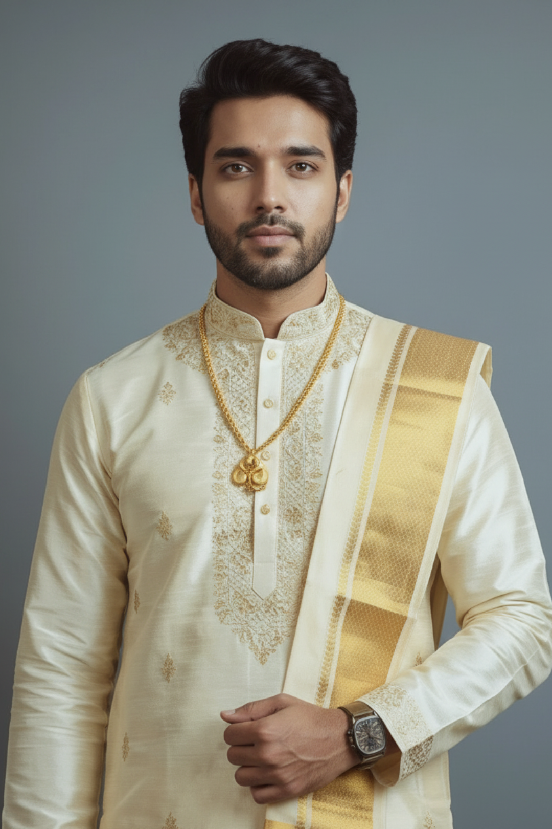 Man wearing a traditional cream sherwani with gold embroidery on a gray background