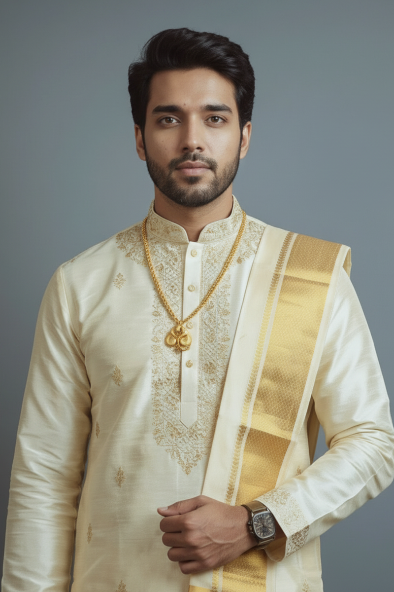 Traditional Cream Kurta Dhoti Set for Men – Gold Border South Indian Ethnic Wear