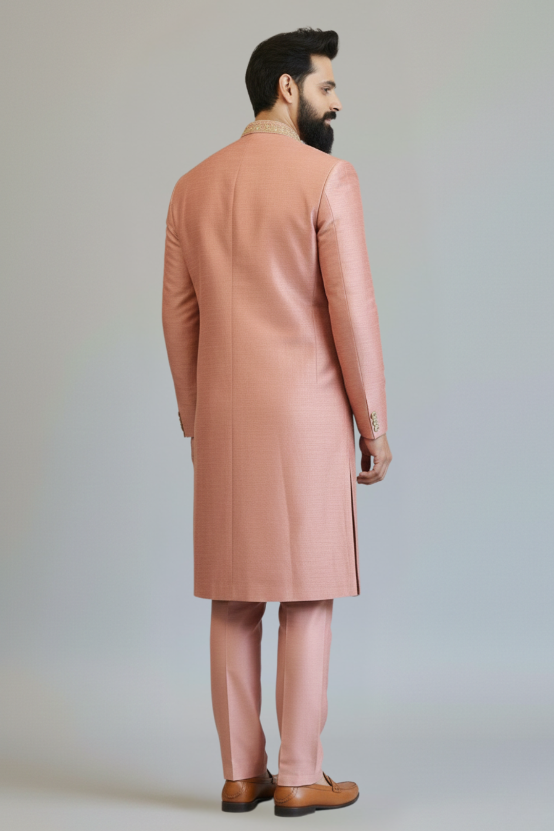 Peach Embroidered Asymmetric Sherwani for Men – Designer Wedding & Festive Wear