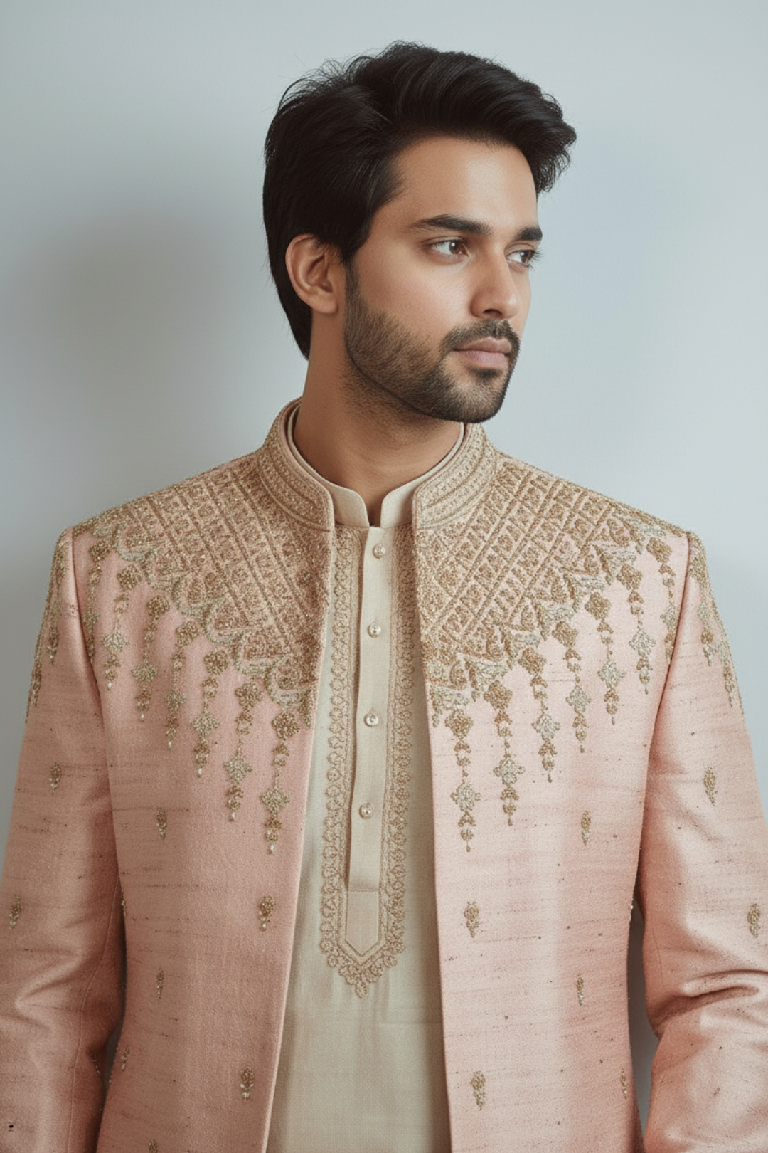 Blush Pink Embroidered Indo-Western for Men | Premium Wedding & Reception Wear