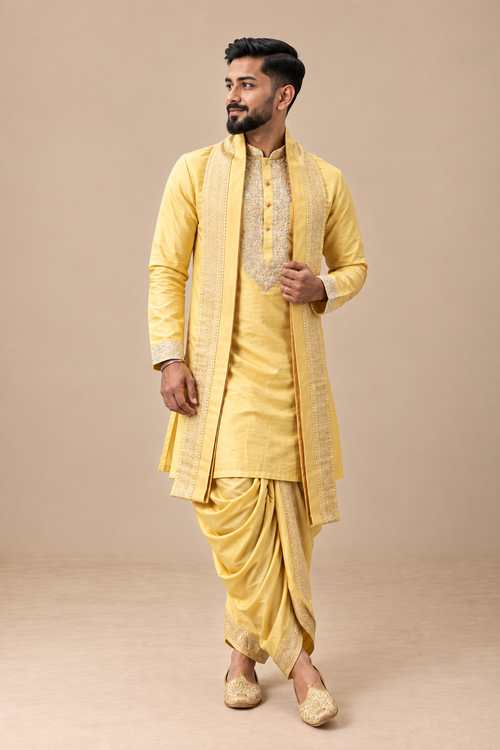 Men’s Mustard Gold Semi Pattu Kurta with Semi Pattu Pancha & Angavastram | Embroidered Wedding Dhoti Set