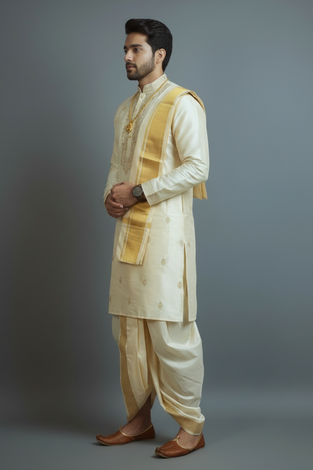 Man wearing a traditional cream and gold kurta with dhoti on a gray background