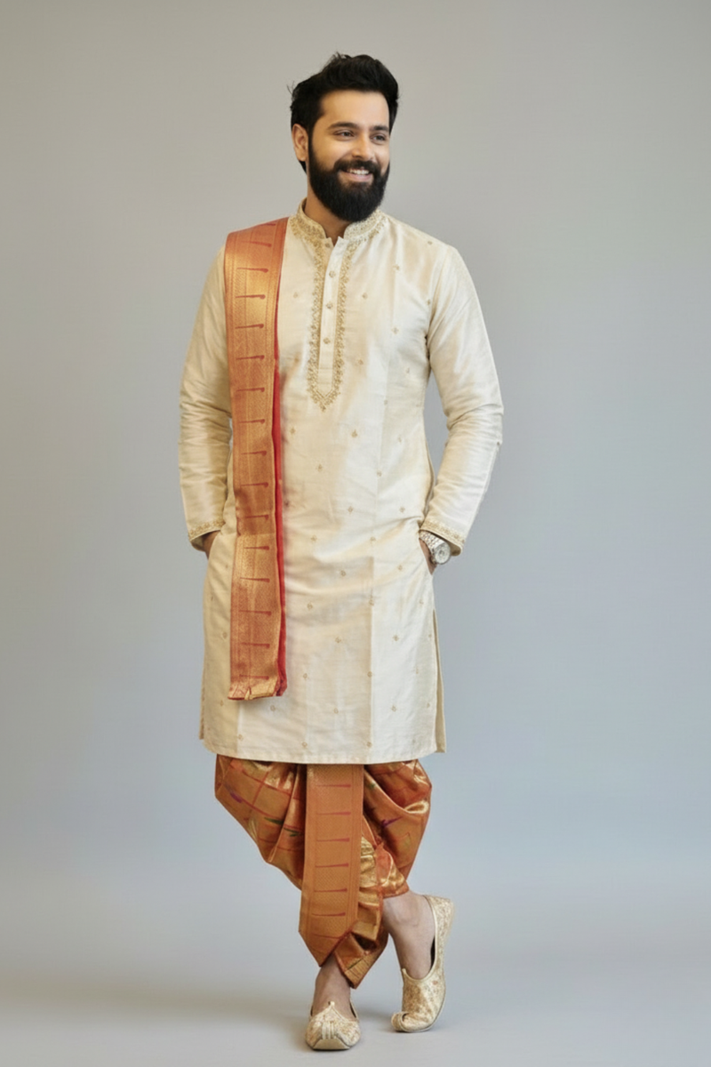 Men’s Cream Kurta Dhoti Set with Paithani Border Angavastram – South Indian Wedding Ethnic Wear