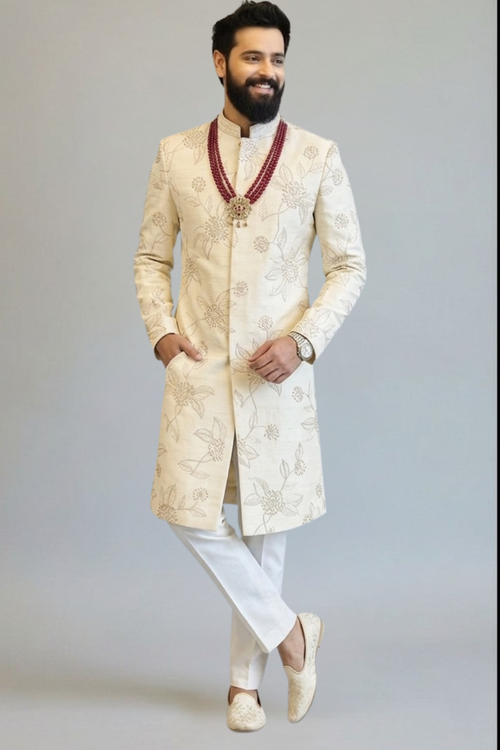 Silver Zari FLoral Work Sherwani