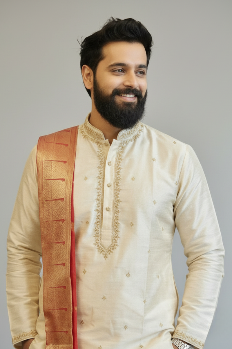 Men’s Cream Kurta Dhoti Set with Paithani Border Angavastram – South Indian Wedding Ethnic Wear